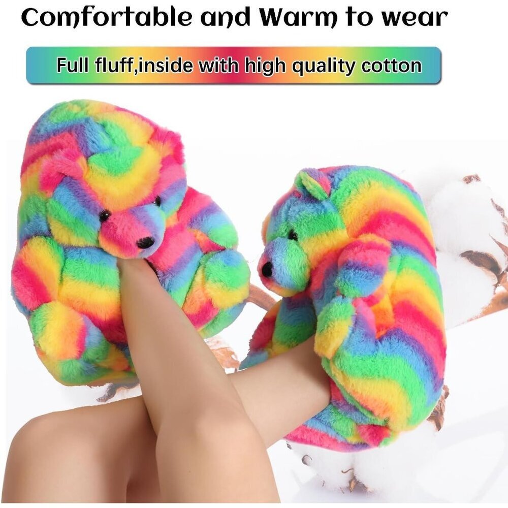 Women's Cute Fuzzy A06-rainbow Teddy Bear Slippers Cozy Cartoon Indoor Shoes - Picture 7 of 9